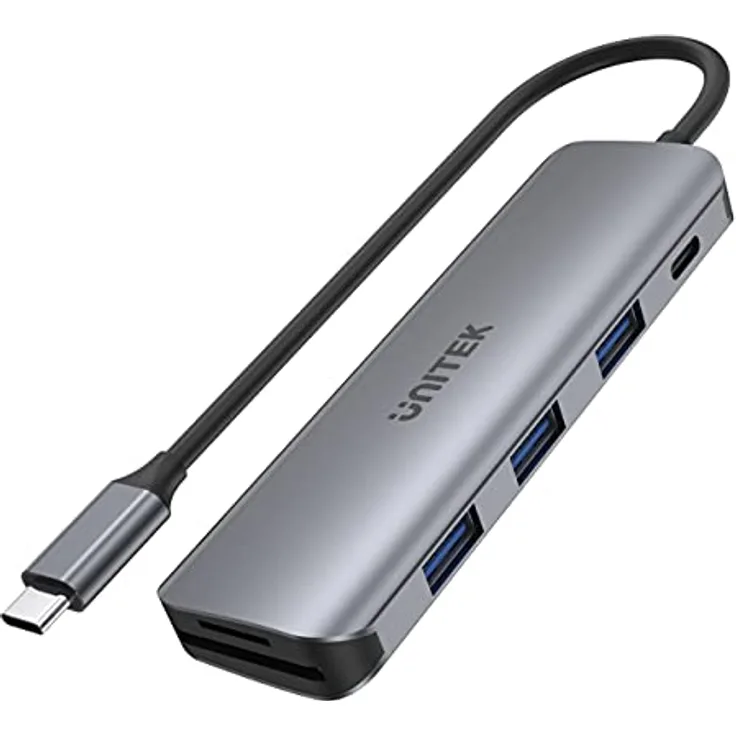 uHUB P5 + 6-in-1 USB-C Hub mit 100W Power Delivery und Dual Card Reader H1107C / USB3.1 Gen1 5Gbps SuperSpeed ​​/ Ultraflaches Aluminiumgehäuse/Farbe: Space Grau