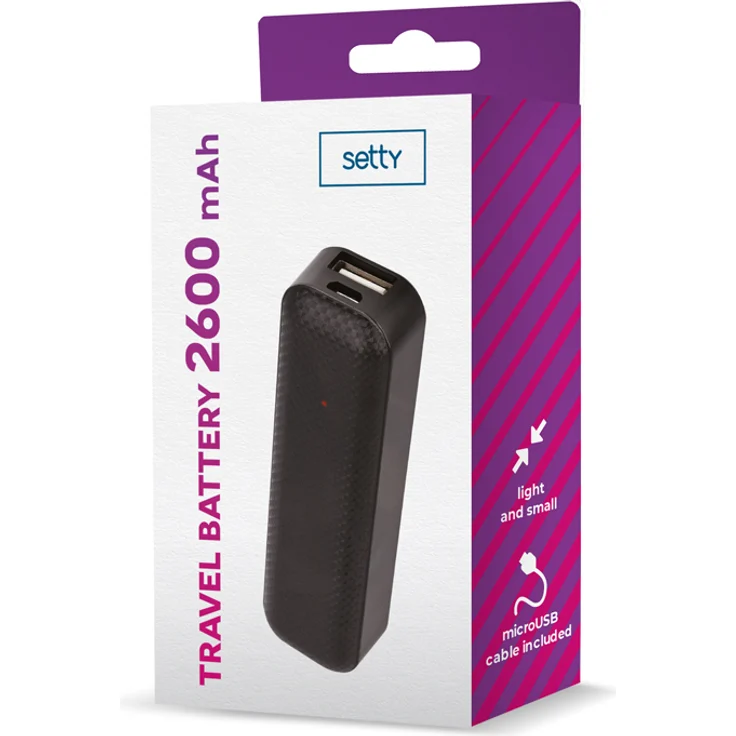 Setty Powerbank Mini 2600 mAh, kompakte Powerbank in Schwarz mit microUSB Kabel für Handtasche und Reise