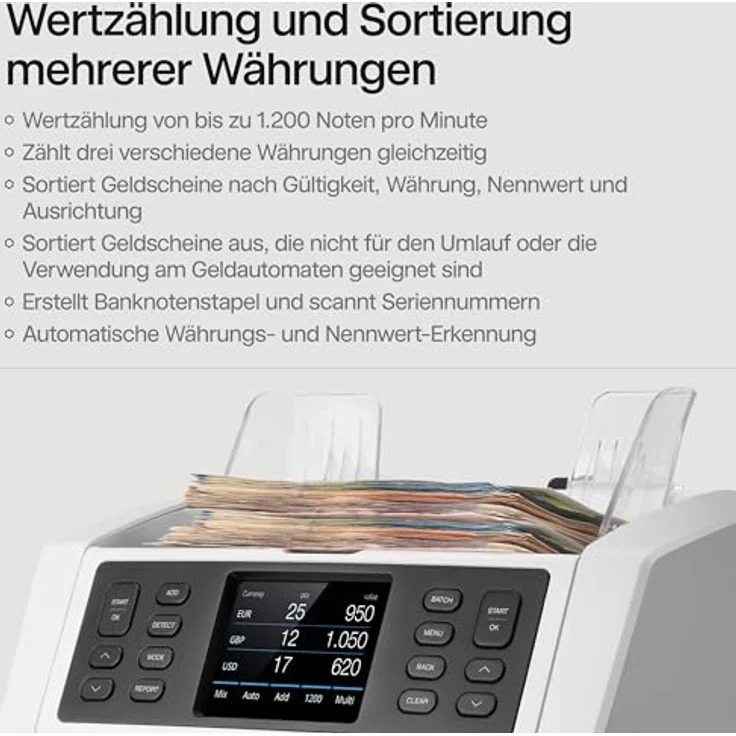 Safescan 2995-SX Geldzählmaschine, mit 7-facher Echtheitsprüfung, gemischte Währungs- und Fitness-Sortierung – Bild 3