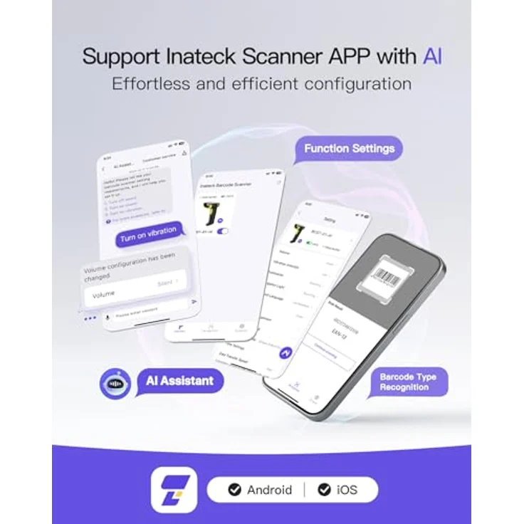 Inateck BCST-21 AI, Kabelloser Bluetooth 1D Barcode Scanner mit 2000mAh Akku, Unterstützt Inateck APP und SDK, Grün – Bild 3