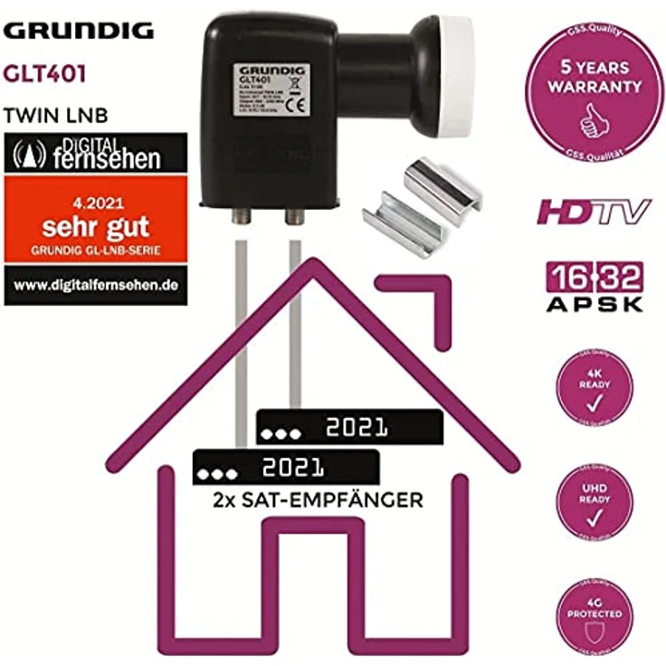 [Test SEHR GUT *] GSS Twin LNB für digital Satschüssel - 2 Teilnehmer, Fernseher - 2fach - mit LTE Filter - Full HD, 4K, HDTV, 0.1dB, 2-Fach, Wetterschutz, kälte- & hitzebeständig + Aufdrehhilfe – Bild 3