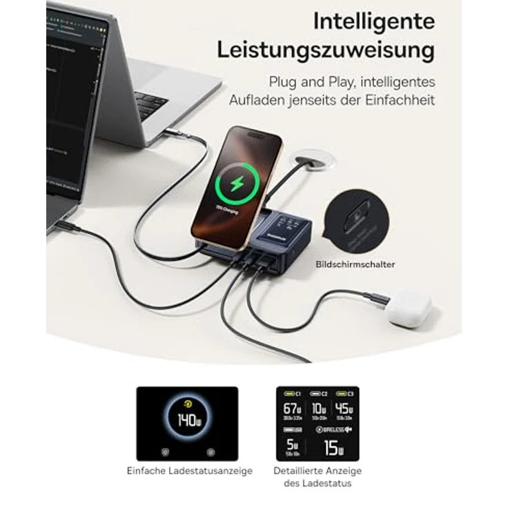 Baseus NOMOS 5 in 1 Ladestation, 140 W USB-C Ladegerät mit 15 W Qi2.0 MagSafe Ladegerät, Typ C Einziehbares Kabel, 2*USB-C & 1*USB-A Schlüsse und Digitale Anzeige, für iPhone 16/15, MacBook & Surface – Bild 5