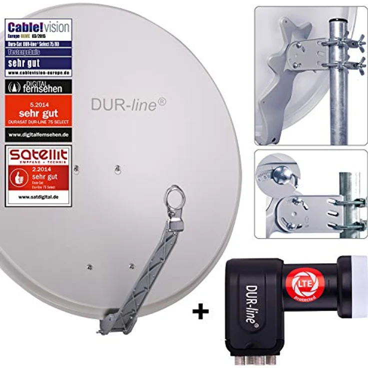 DUR-line 4 Teilnehmer Set - Qualitäts-Alu-Satelliten-Komplettanlage - Select 75cm/80cm Spiegel/Schüssel Hellgrau + Quad LNB - für 4 Receiver/TV [Neuste Technik, DVB-S2, 4K, 3D] – Bild 2