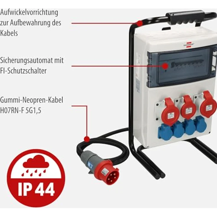 Brennenstuhl Tragbarer Stromverteiler/Baustromverteiler (2x32A + 1x16A CEE-Steckdosen, 2m Kabel, für Baustelleinsatz und ständigen Einsatz im Freien, mit FI-Personenschutz, Made in Germany) – Bild 3