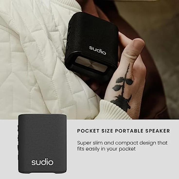 Sudio S2 Schwarz, Bluetooth-Lautsprecher mit lautem Klang und tiefen Bässen Lange Spielzeit IPx5 Wasserdichtes Bluetooth 5.3 TWS Pairing Tragbarer drahtloser Kompaktlautsprecher für Zuhause, draußen – Bild 5