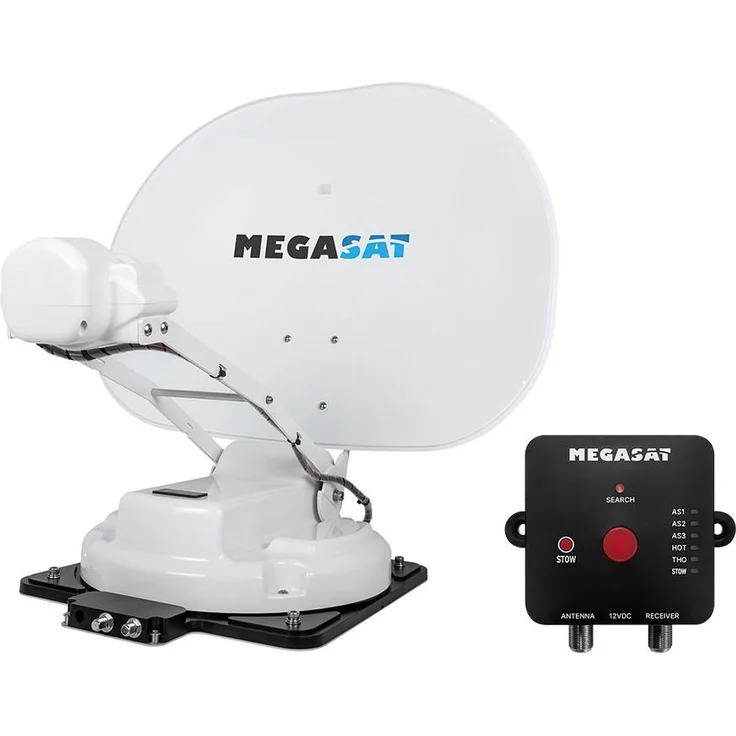 Megasat Caravanman 55 Professional GPS, vollautomatische Satellitenantenne mit Auto-Skew und Twin-Anschluss, 55 cm Spiegelgröße