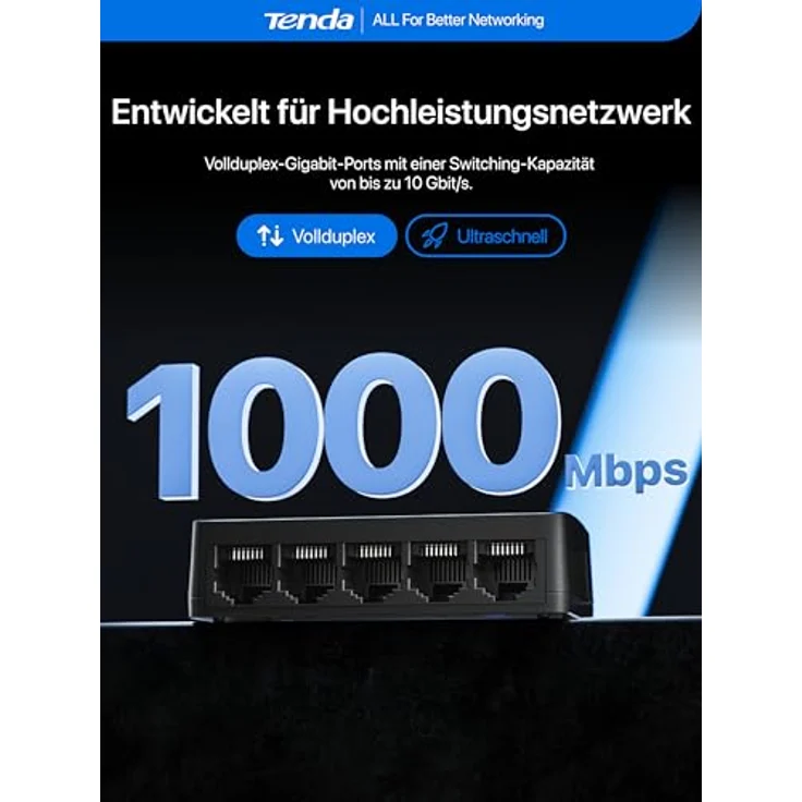 Tenda SG105, 5-Port Gigabit Switch, Plug-and-Play Ethernet Switch, lüfterlos, unmanaged, Schwarz – Bild 3