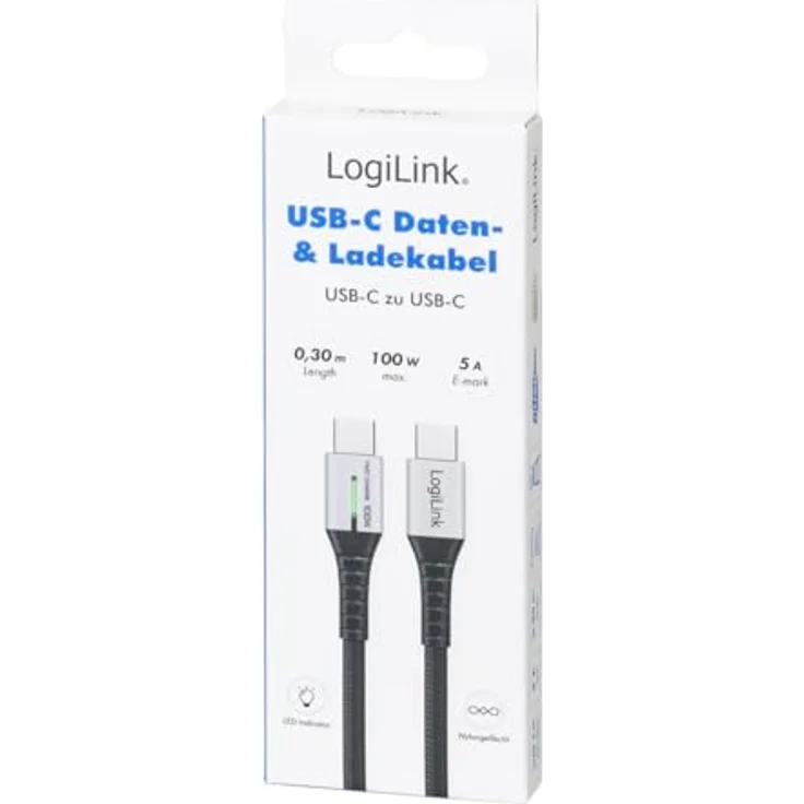 LogiLink CU0420 USB-C Kabel, 100W Lade- und Datenübertragungskabel, 0,3m, schwarz, nylonummantelt, kompatibel mit Thunderbolt 3/4, LED-Anzeige – Bild 6