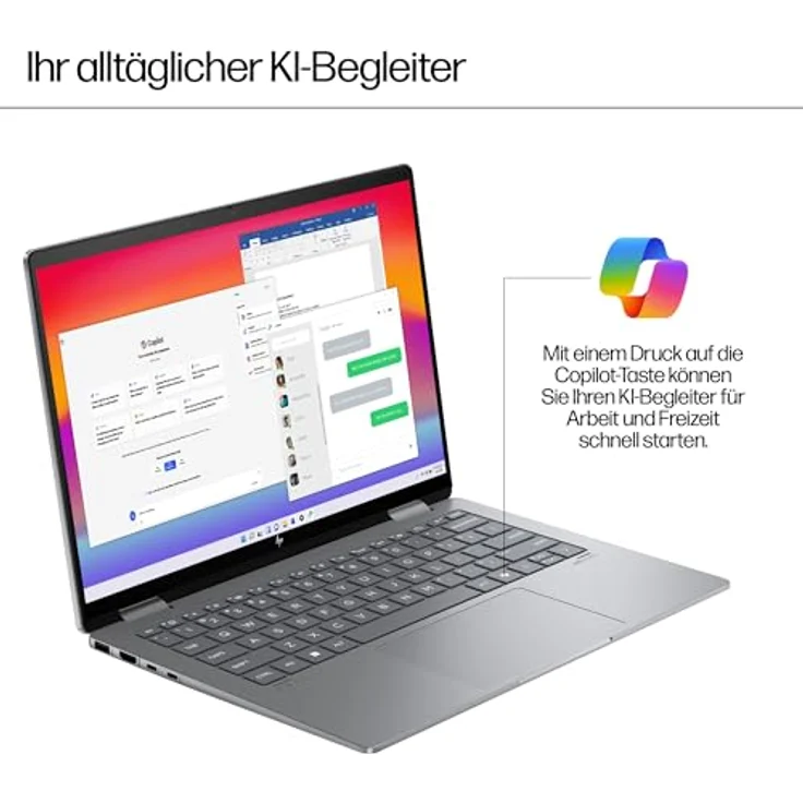 HP Envy x360 2-in-1 Laptop, 14 Zoll 2.8K OLED Touch Display, Intel Core Ultra 7 155U, 16GB LPDDR5-SDRAM, 1 TB SSD, QWERTZ Tastatur, Windows 11 Home, Silber – Bild 3