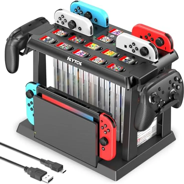 Kytok Switch Spiele Aufbewahrung mit Joy-Con Ladestation, 28 Spielkarten und TV-Dock für Switch/OLED, Schwarz