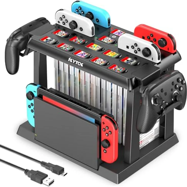 Kytok Switch Spiele Aufbewahrung mit Joy-Con Ladestation, 28 Spielkarten und TV-Dock für Switch/OLED, Schwarz – Bild 1