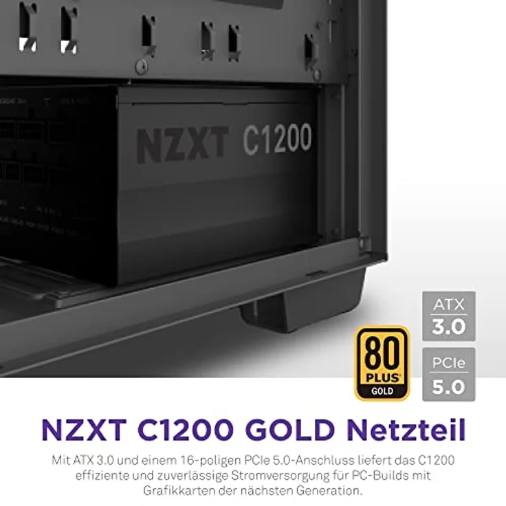 NZXT C1200 Power Supply - PA-2G1BB-EU - 1200 Watt Gaming PC Power Supply - ATX 3.0 - PCIe 5.0 12VHPWR Connector - 80 Plus Gold Efficiency - Fully Modular - Zero Fan Mode - Black – Bild 2