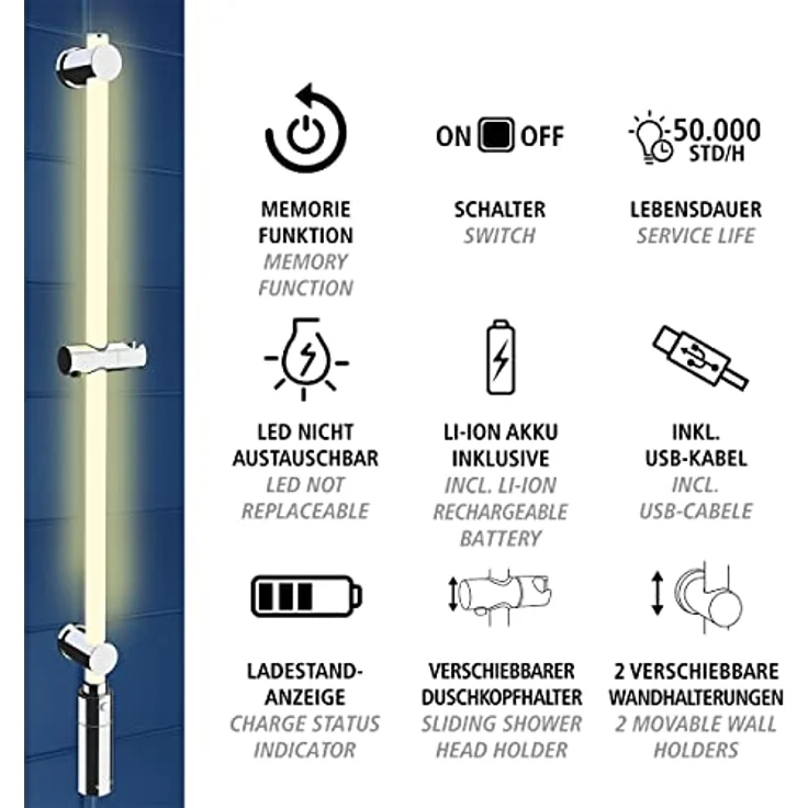 WENKO LED Design-Duschstange, integrierte energiesparende LED-Lichtleiste, dimmbar, Farbwechselmodus, Fernbedienung/Bewegungsmelder, befestigen ohne Bohren, kabellos/aufladbar, Länge: 94 cm – Bild 5