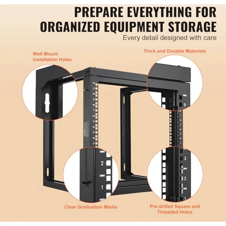 VEVOR 9U Server-Rack, Wandhalterung für 48,3 cm IT- und AV-Geräte, offener Rahmen, 68 kg Tragfähigkeit, 45,7 cm tief – Bild 5