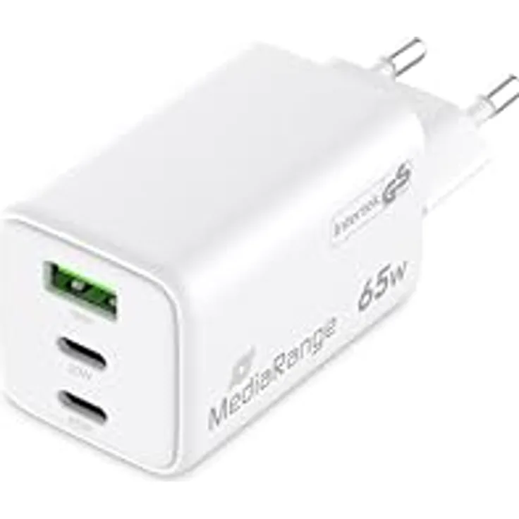 MediaRange 65W GaN Schnellladeadapter (EU-Stecker), 2X USB-C und 1x USB-A, unterstützt USB-C® Power Delivery und Quick Charge™, Weiß