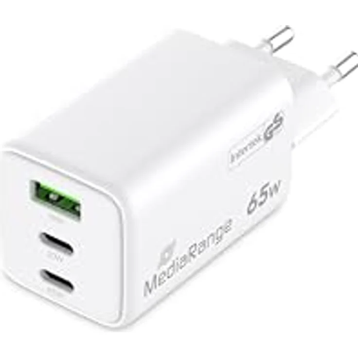 MediaRange 65W GaN Schnellladeadapter (EU-Stecker), 2X USB-C und 1x USB-A, unterstützt USB-C® Power Delivery und Quick Charge™, Weiß – Bild 1