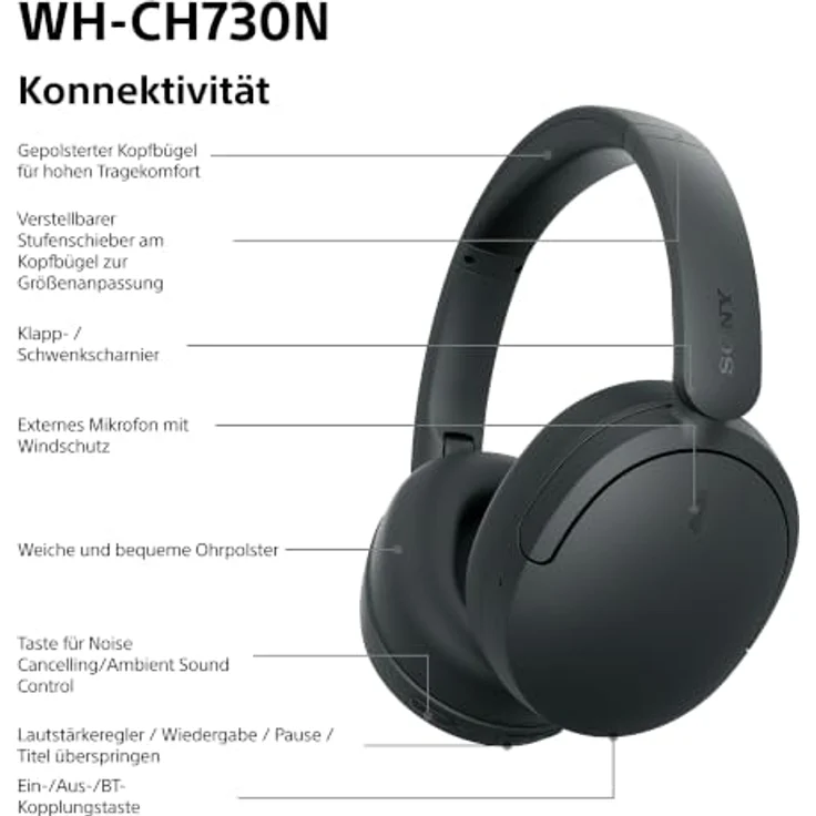 Sony WH-CH730N, Kabellose Noise-Cancelling Kopfhörer in Schwarz – Bild 9