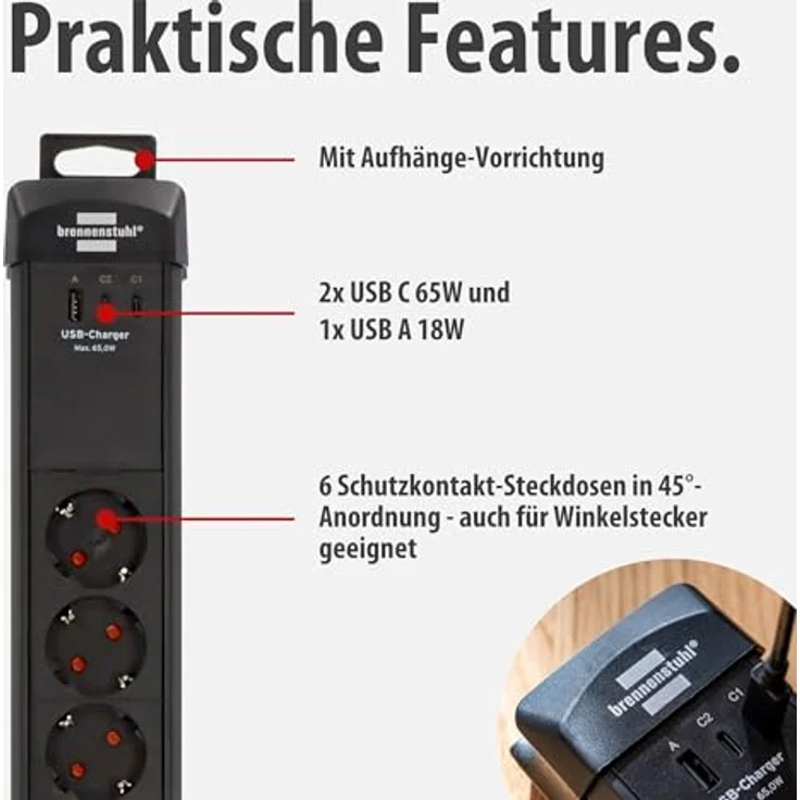 Brennenstuhl Premium-Line 1951160613 Steckdosenleiste Schwarz, 6-fach mit 3m Kabel, 3 USB-Ladebuchsen (2x USB C 65W, 1x USB A 18W), Schutzkontakt-Steckdosen, Sicherheitsschalter – Bild 4