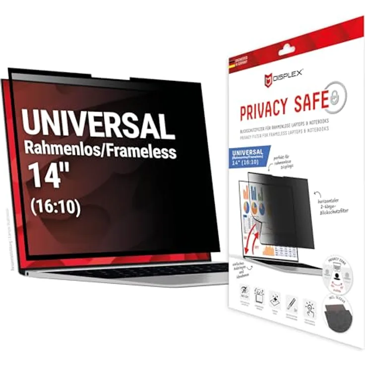 Displex PRIVACY SAFE Blickschutzfilter 14" 16:10 – Randloser 2-Wege Sichtschutz für Laptop/Notebook – Bluelight Filter, Anti-Spy, Kratzschutz