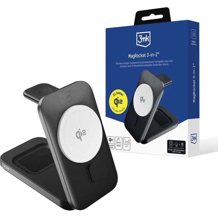 3mk Magrocket 3-in-1 Drahtloses Ladegerät, 15W Qi2 MPP, Schwarz, für Smartphone, Uhr und Ohrhörer