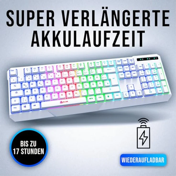 KLIM Chroma Wireless Gaming Tastatur - Kabellos QWERTZ DEUTSCH - NEU 2024 - Langlebig, Ergonomisch, Wasserdicht, Leise - RGB - Weiß – Bild 3
