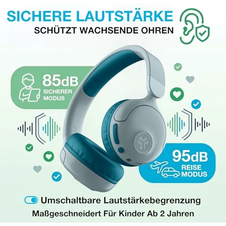 JLab Audio JBuddies Pop, kabellose On-Ear Kinderkopfhörer mit 48 h Akkulaufzeit, Lautstärkebegrenzung, Teal – Bild 4