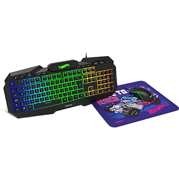 KROM Kit Tastatur, -Maus und -Mausunterlage Hot Wheels edition KUSTOM - LED RGB Membrantastatur, Maus optischem Sensor 7200 DPI, Mause-Matte eine Gummibasis, Spanisches layout, Schwarz