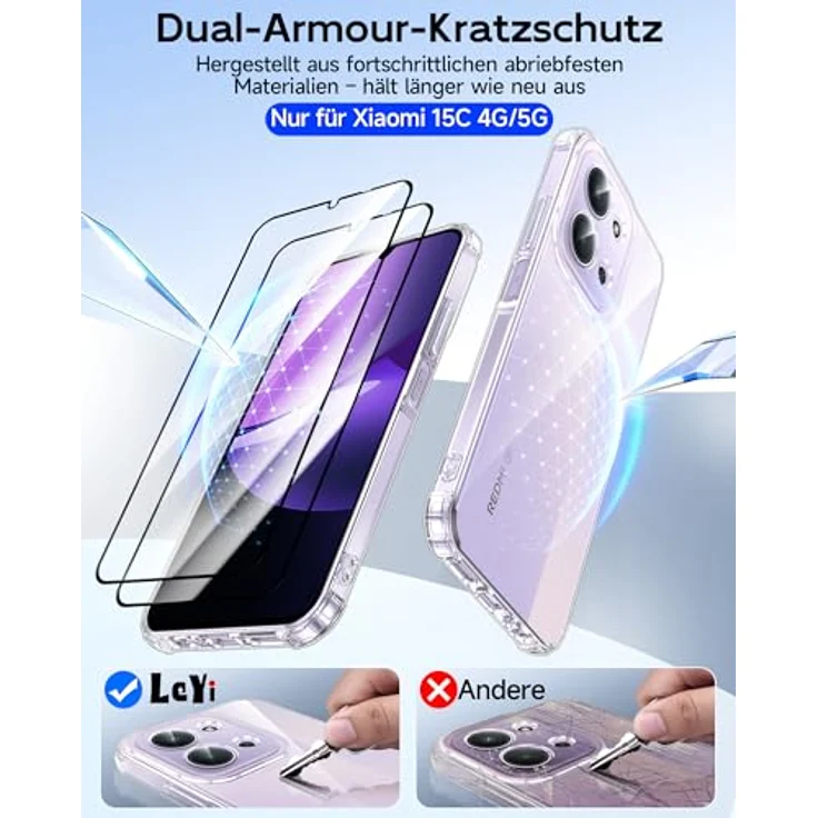 LeYi Transparent Hülle für Xiaomi Redmi 15C 4G/5G, Stoßfestes TPU Silikon Case mit 2 Schutzfolien, HD Kameraschutz und perfekter Passform, Durchsichtig – Bild 5