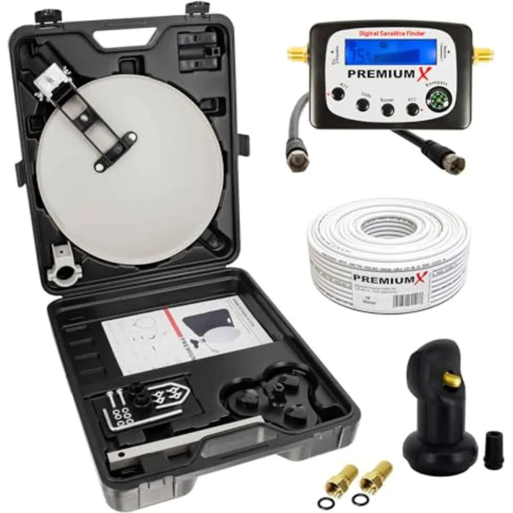 Premium X Camping TV SAT Anlage Satelliten-Schüssel Single LNB 10m Antennen-Kabel F-Stecker Sat-TV-Signalfinder im Koffer, wettergeschütztes LNB mit 0,1 dB Rauschmaß, 4-fach abgeschirmtes Class A Kabel, Saugfuß für einfache Montage, in schwarz
