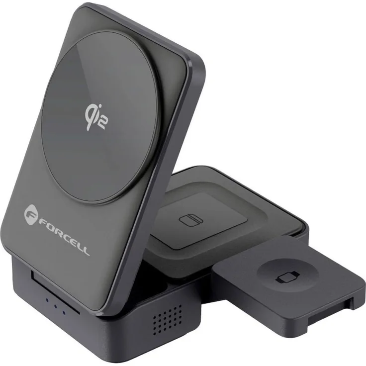 Forcell F-Energy Flex Pro 3-in-1 Qi2 Wireless Charger, faltbare Ladestation mit Magnetring, silber, für Smartphone, Smartwatch und In-Ear-Kopfhörer