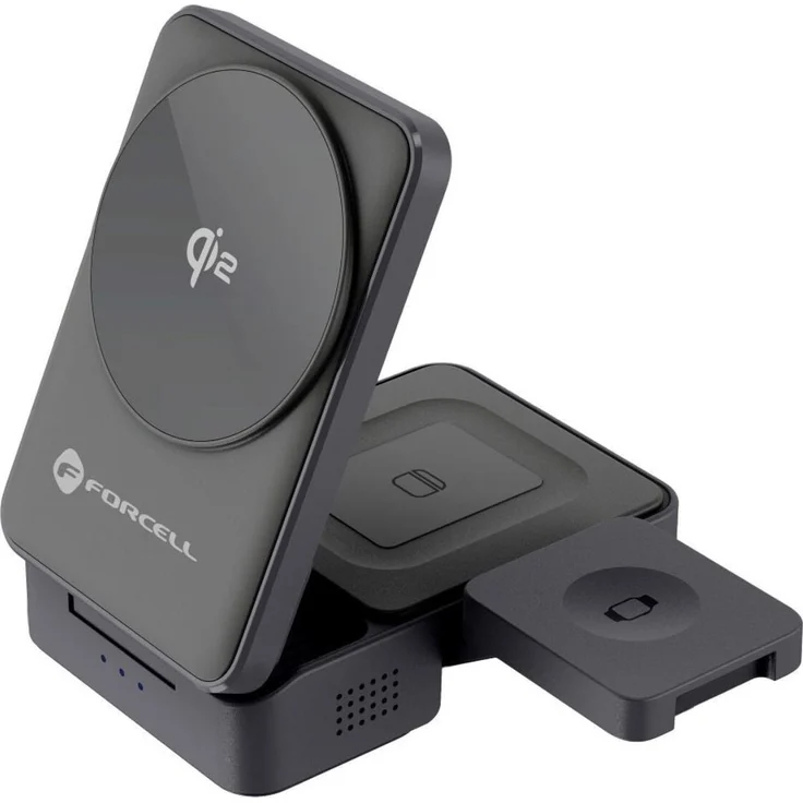 Forcell F-Energy Flex Pro 3-in-1 Qi2 Wireless Charger, faltbare Ladestation mit Magnetring, silber, für Smartphone, Smartwatch und In-Ear-Kopfhörer