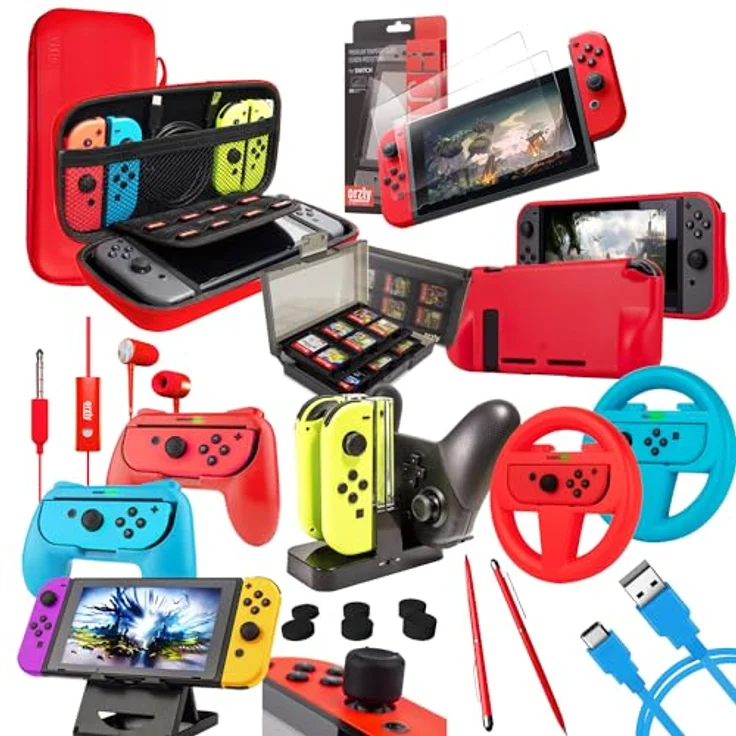 ORZLY Zubehörpaket-Switch Orzly Geek Pack für Nintendo Switch: Tragetasche & Displayschutzfolie, Joycon Grips & Lenkrad, JoyCon/Pro-Controller-Ladestation, Comfort Grip Tasche & More - ColourPop – Bild 2