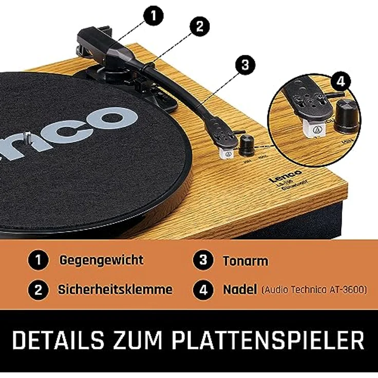 Lenco LS-300 - Hi-Fi Plattenspieler mit Bluetooth - Mit externen Lautsprechern 2 x 10 W RMS - Riemenantrieb - Auto-Stopp - MDF-Gehäuse - Holz – Bild 3