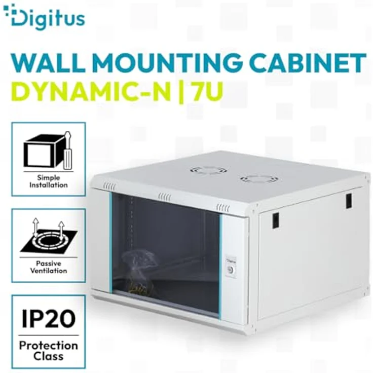 DIGITUS Netzwerkschrank 19-Zoll Rack 7HE, unmontiert, Wandmontage, 600 mm Tiefe, 60 kg Traglast, abschließbare Glastür, Dynamic-N Serie, grau – Bild 2