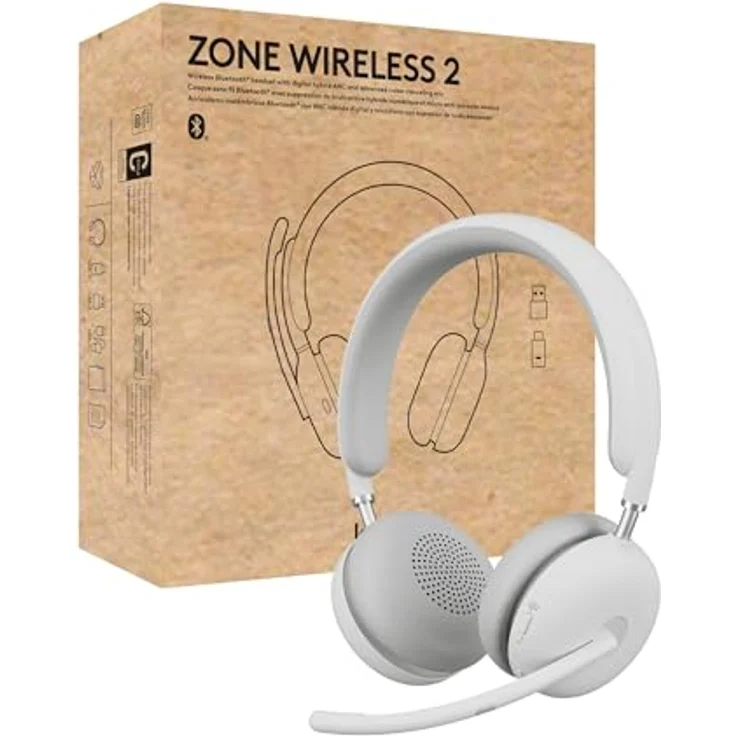 Logitech Zone Wireless 2, Office-Headset mit Rauschunterdrückung, Bluetooth und USB-C, kabellos und kabelgebunden, Weiß – Bild 2