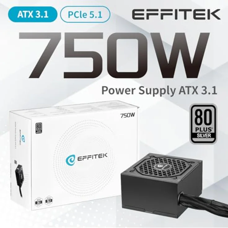 EFFITEK 750Watt ATX 3.1 Gamer Netzteil, 80 Plus Silver, unterstützt PCIe 5.1 GPU bis 450W, kompaktes Design mit 135mm Lüfter – Bild 2
