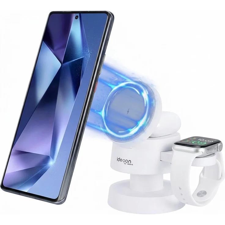 ideoon Multifunktionale drahtlose Ladestation mit Nachtlicht (15W) USB-C - weiss - für Smartphones, Watches & Pods mit Schnellladefunktion und elegantem Design