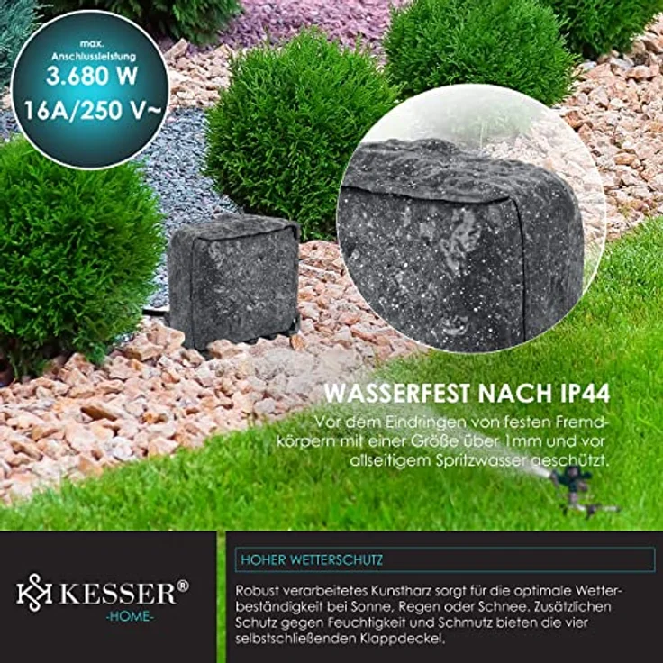 KESSER® Gartensteckdose Steinoptik mit 4 Steckplätzen Inkl. Erdspieß, IP44 Wasserdicht mit Dämmerungssensor, Anthrazit – Bild 5