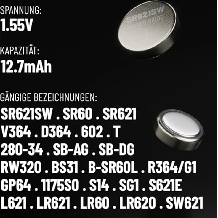 ABSINA SR621SW Uhrenbatterie 1,55V Silberoxid 10er Pack - Knopfzelle SR621SW auslaufsicher & Lange Haltbarkeit - Batterie SR621SW / LR621 / SR621 / 364 / V364 / R60 / AG1 - SR 621 SW Uhren Knopfzelle – Bild 5