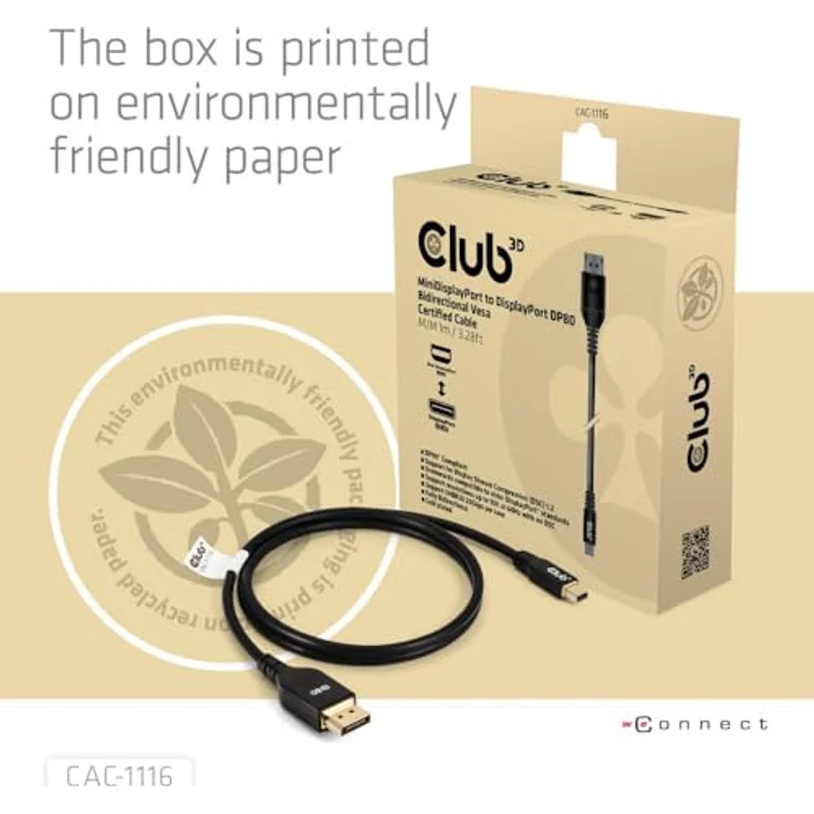 Club3D CAC-1116 MiniDisplayPort to DisplayPort DP80 Bidirectional Vesa Certified Cable 1m/ 3.28 ft, DisplayPort-Kabel mit UHBR10/13.5/20 bis zu 80 Gbps, Unterstützung für 4K240Hz/8K60Hz/10K60Hz – Bild 5