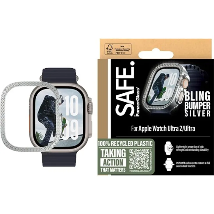 SAFE by PanzerGlass Bling Bumper Silver für Apple Watch Ultra 2, Schutzhuelle mit Kratz- und Stoßschutz, silber