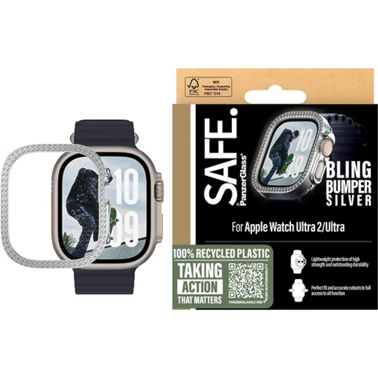 SAFE by PanzerGlass Bling Bumper Silver für Apple Watch Ultra 2, Schutzhuelle mit Kratz- und Stoßschutz, silber