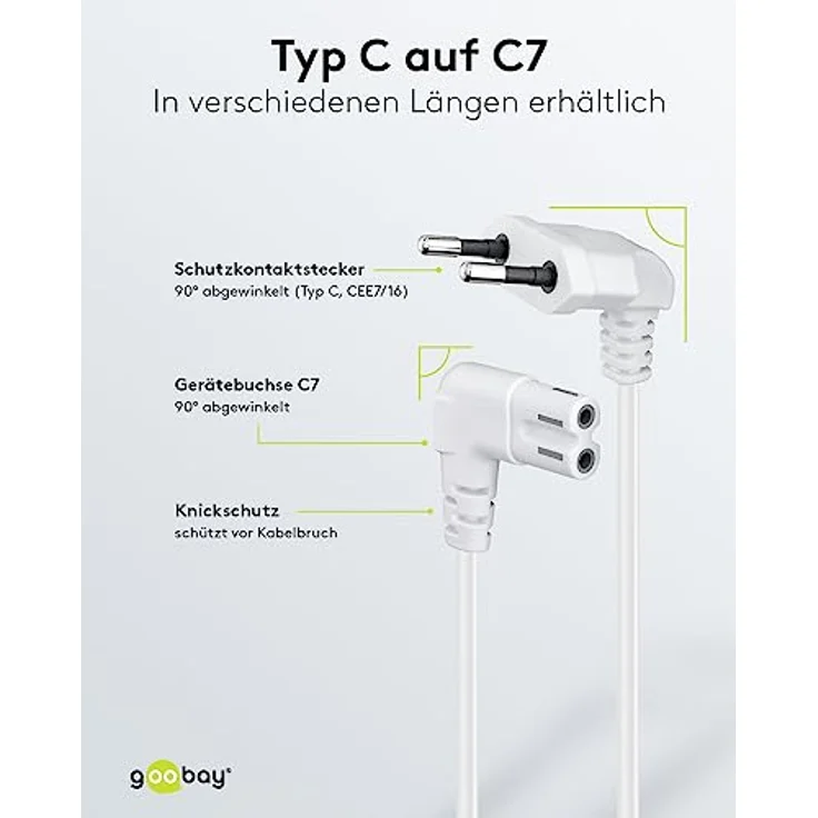 Goobay 97356 Euro Anschlusskabel beidseitig abgewinkelt, 3 m, Schwarz Eurostecker (Typ C, E 7-16) > Gerätebuchse C18 – Bild 3