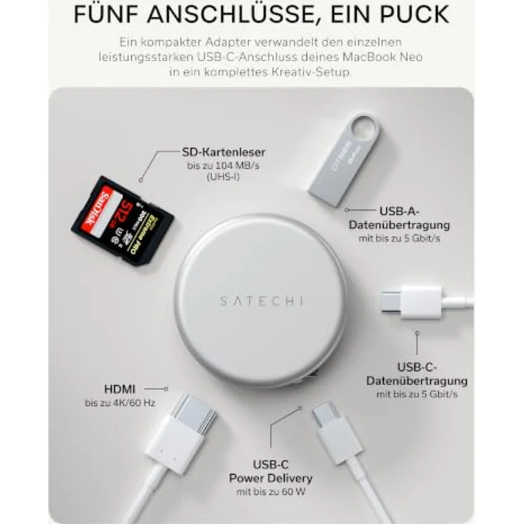 SATECHI USB-C Hub OntheGo™ 5-in-1, HDMI 4K@60 Hz, Silber, mit 60 W Passthrough-Laden und magnetischer Befestigung – Bild 2