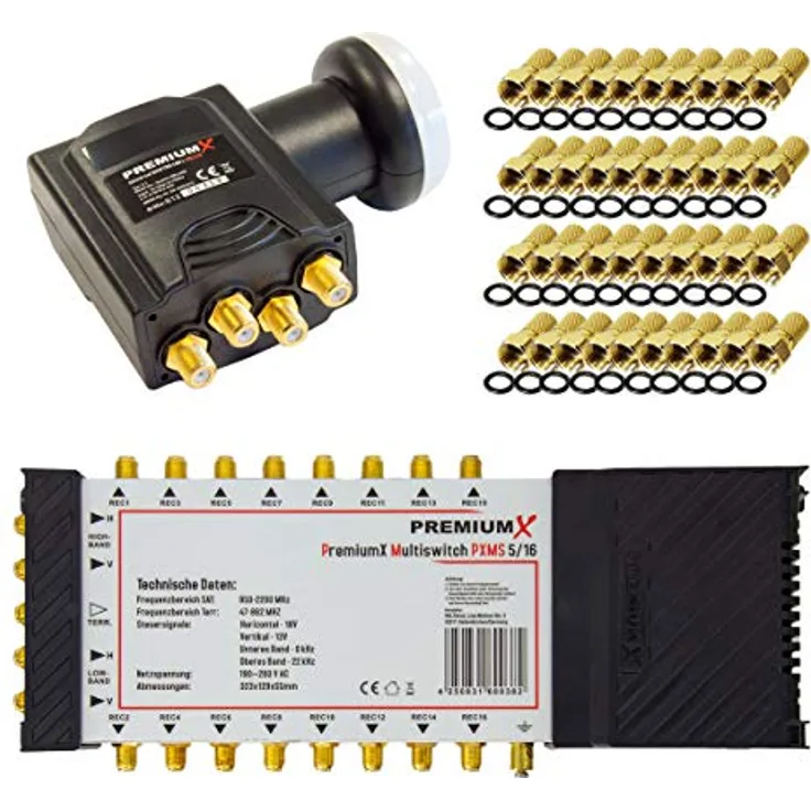 PremiumX SAT-Multischalter Set 5/16 Deluxe mit Quattro LNB und 40x F-Stecker, 4x SAT Eingänge, 16 Ausgänge, für HDTV 4K UHD Empfang