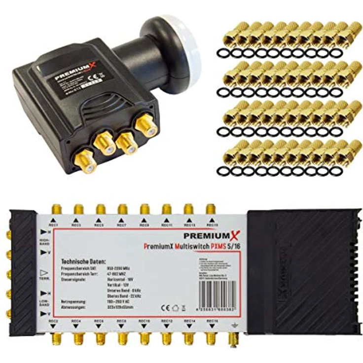 PremiumX SAT-Multischalter Set 5/16 Deluxe mit Quattro LNB und 40x F-Stecker, 4x SAT Eingänge, 16 Ausgänge, für HDTV 4K UHD Empfang – Bild 1