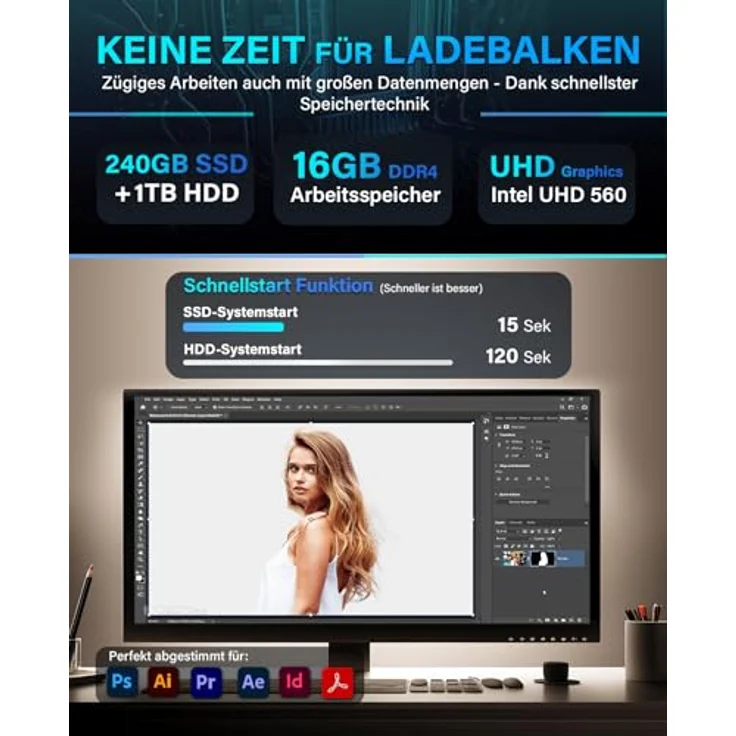 Greed Multimedia 7 - Schneller PC mit Intel Core i7, 16GB RAM, 240GB SSD + 1TB HDD, WLAN, Win11 Pro - Leiser Computer für Büro & Home Office, Silber – Bild 4