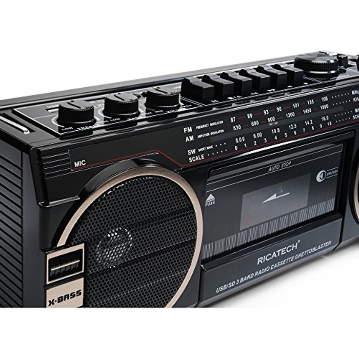 Ricatech PR 1980 Ghetto Blaster Boombox, Kassetten--Kassettenrekorder, AM-FM-SW 3-Band-Radio, Zwei 8-Watt-X-Bass-Lautsprecher, Sprachaufzeichnung mit Aufnahmemikrofon, Kopfhöreranschluss – Bild 4