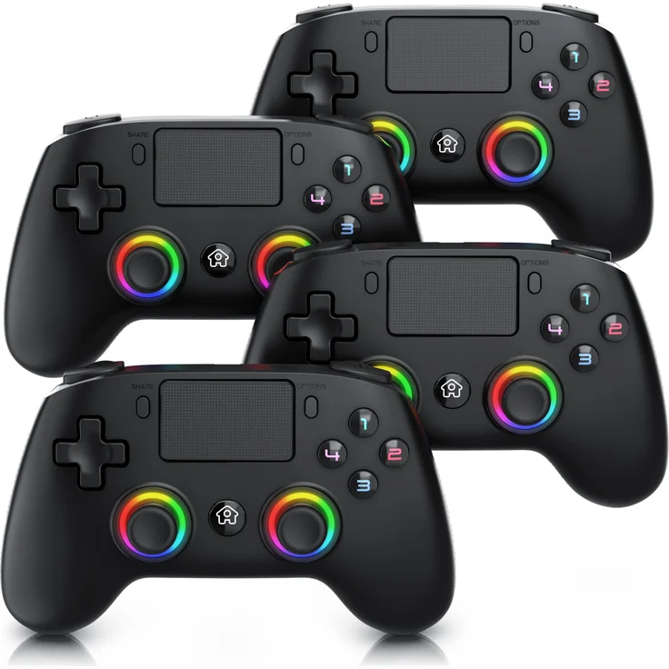 CSL 4x Wireless Gamepad für PS4 & PC, Dual Vibration, Touchpad, 3,5 mm Klinke, 4er Set mit anpassbarer LED-Beleuchtung