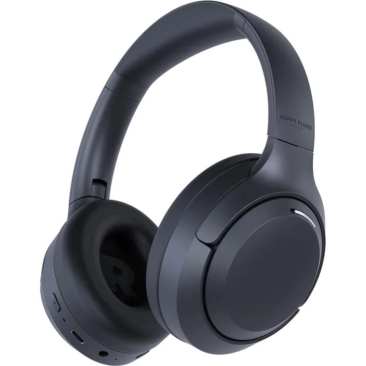 Happy Plugs Play Lite, kabellose 3,5-mm-Over-Ear-Kopfhörer mit integriertem FM-Radio, 50 h Akkulaufzeit, Schwarz